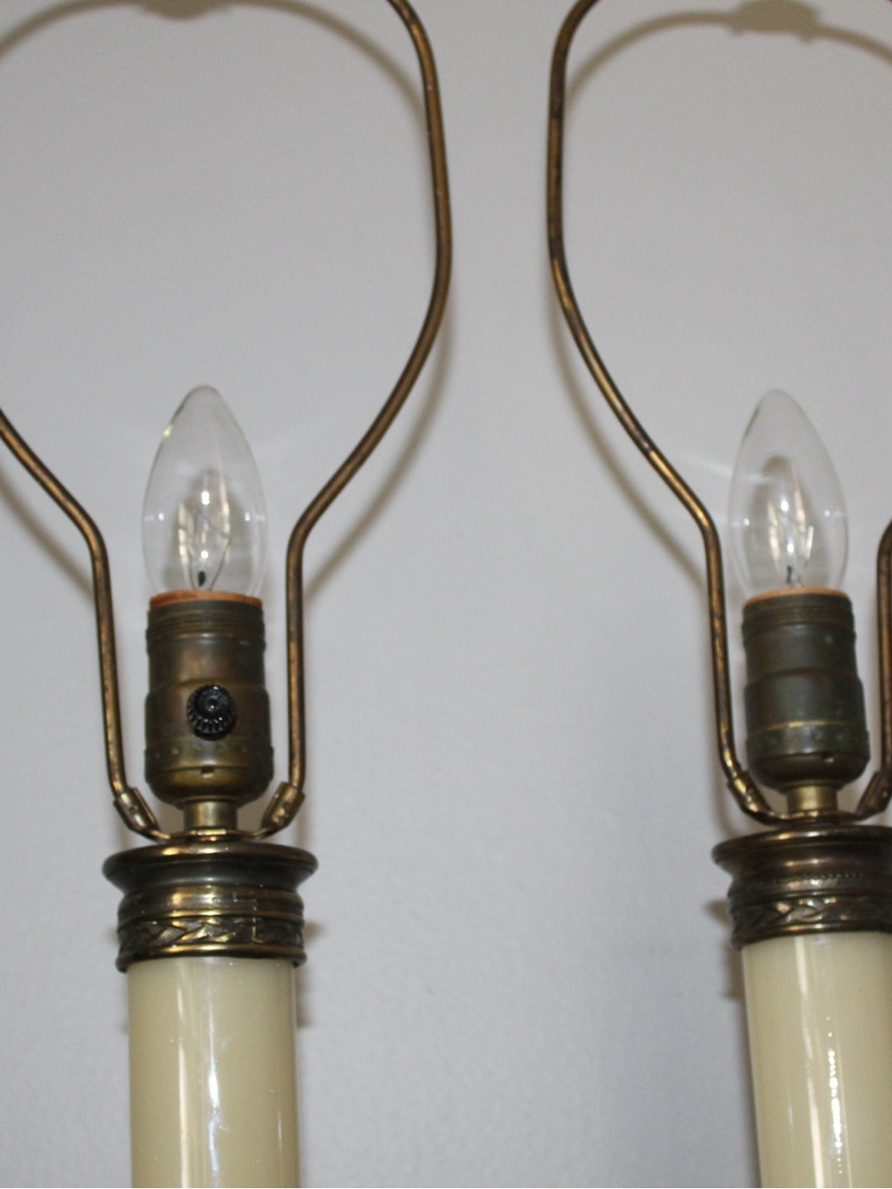 Pair of Cream Glass and Brass Column Table Lamps - Picture 5 of 7